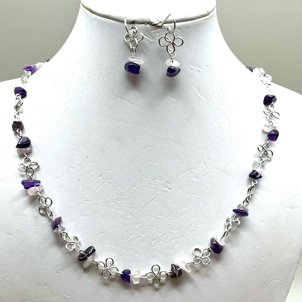 Sophisticated Sterling Silver and Purple Amethyst and Rose QuartzBeaded Necklace